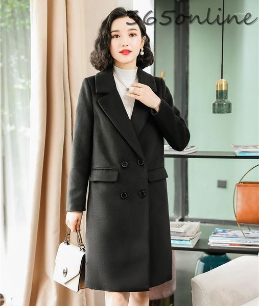 fabric middle long windbreaker warm winter outwear jackets coat double breasted women woollen overcoat black1, Black